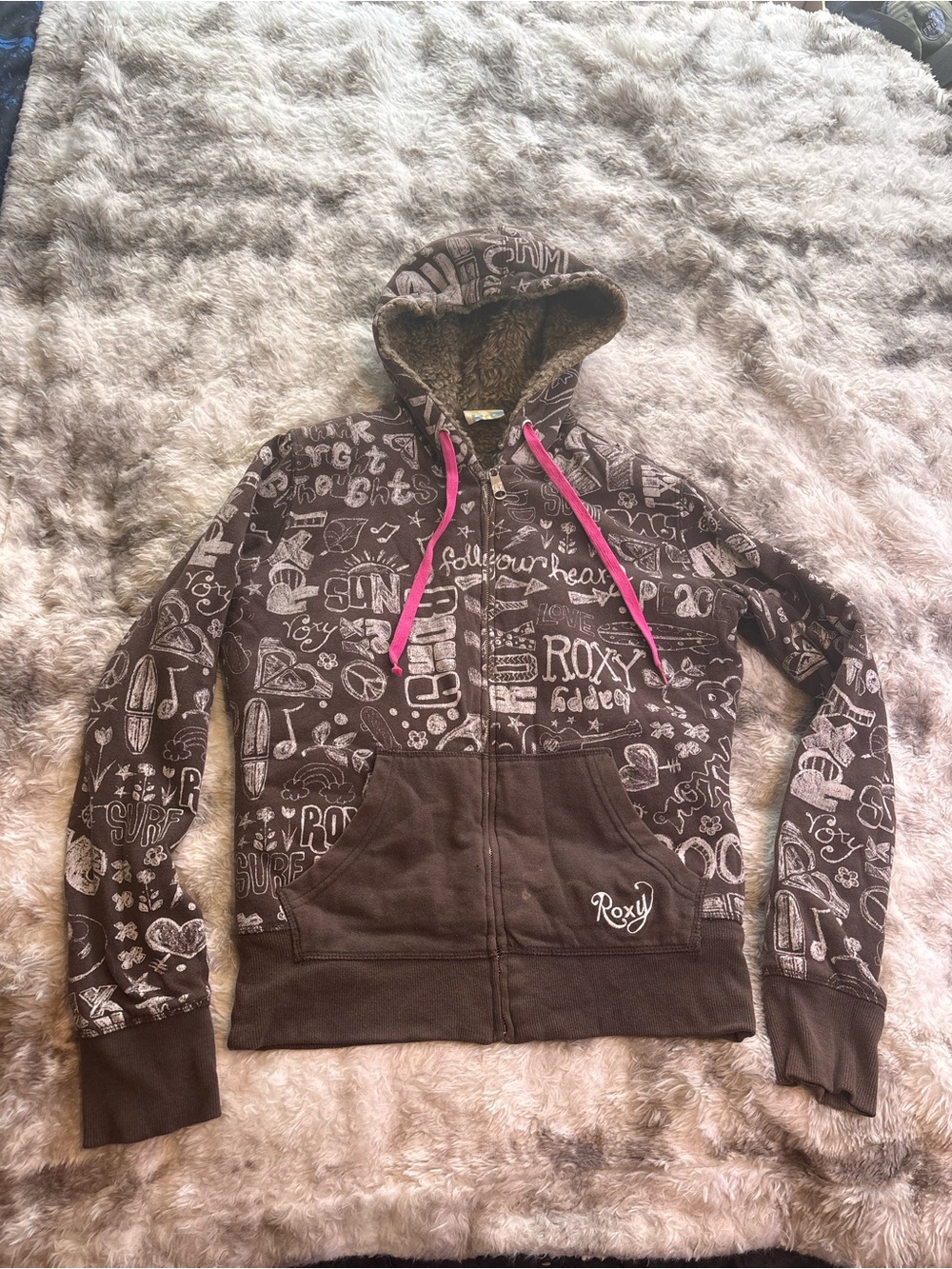 Rare Vintage Y2K Roxy Brown Graphic Zip Hoodie with Pink Drawstrings